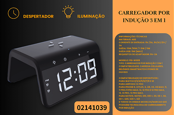 Carregador Sem Fio 3 em 1 com Relógio e Luz Noturna PEINING PEI-WS09