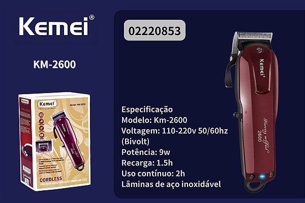 Máquina de Cortar Cabelo 9w Profissional Km-2600