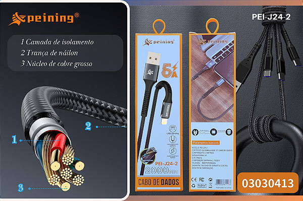 Cabo de Dados Peining PEI-J24-2 Alta Resistência e Carregamento Rápido