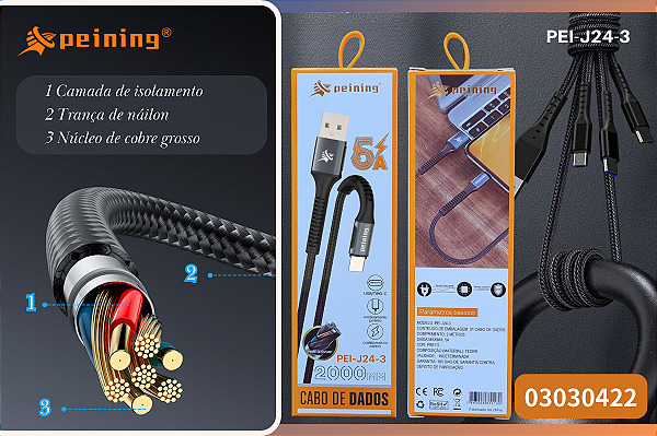 Cabo de Dados Peining PEI-J24-3 Alta Resistência e Carregamento Rápido