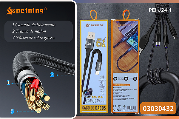 Cabo de Dados Peining PEI-J24-1 Alta Resistência e Carregamento Rápido