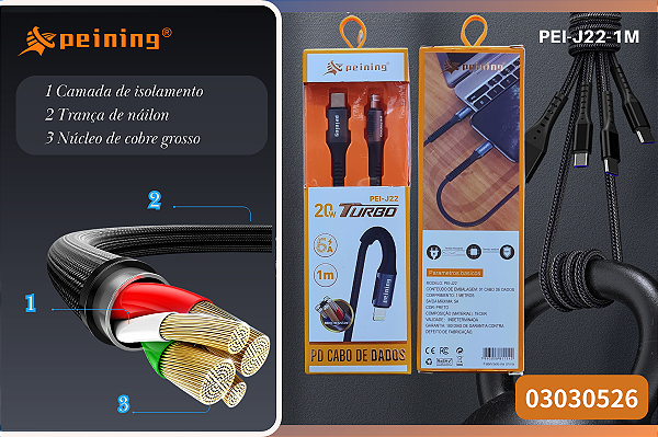 Cabo de Dados pei-J22 Turbo 20w Alta Resistência e Carregamento Rápido