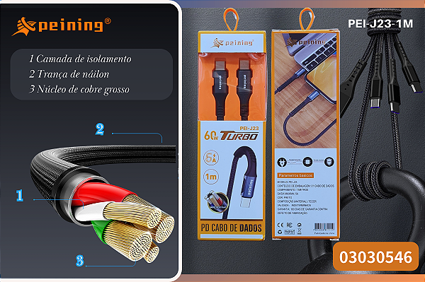 Cabo de Dados pei-J23 Torbo 60W Alta Resistência e Carregamento Rápido