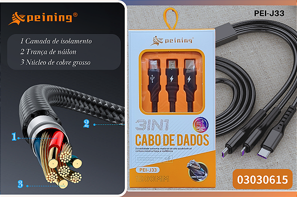 Cabo de Dados 3 em 1 PEI-J33 Carregamento Rápido 5A