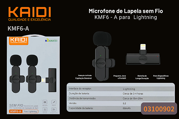Microfone de Lapela Sem Fio Kaidi KMF6-A para Lightning