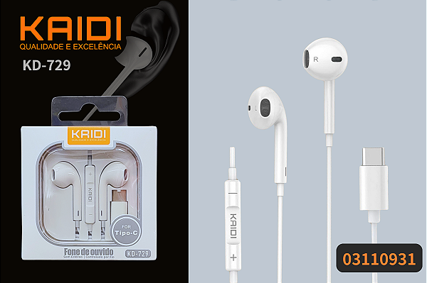 Fones de ouvido estéreo Kaidi KD-729 Tipo-C