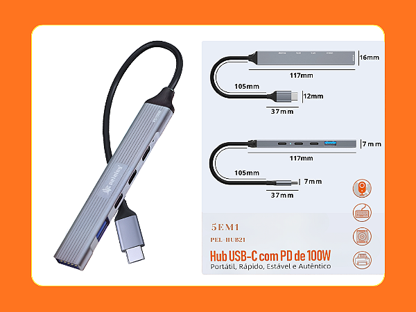 Hub USB-C com PD 100W PEI-HUB21 Cinza