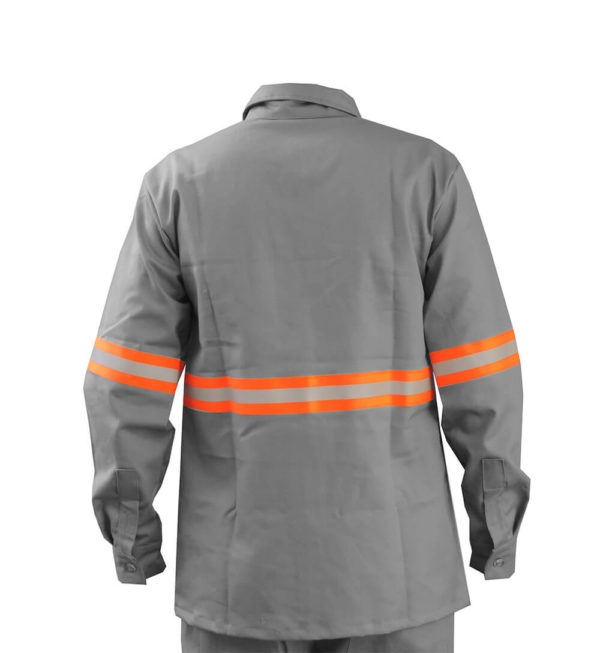 CAMISA ELETRICISTA NR 10 CINZA ATPV 10,0 RISCO 2 COM REFLETIVO LARANJA 100% ALGODÃO CA 44108