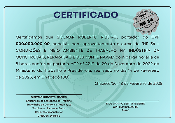 CURSO NR 34 - SEGURANÇA NA INDÚSTRIA NAVAL | CERTIFICADO VÁLIDO EM TODO O BRASIL
