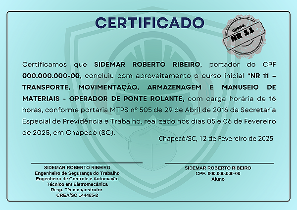 CURSO NR 11 - OPERADOR DE PONTE ROLANTE | CERTIFICADO VÁLIDO EM TODO O BRASIL