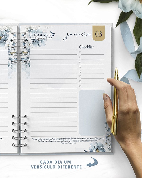 Miolo Agenda Permanente A5 Floral Azul com Versículos 1 DPP 374 Páginas