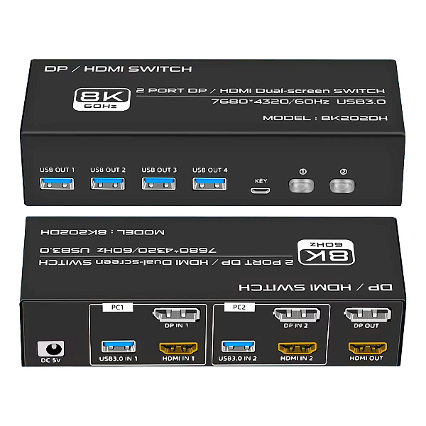 Chaveador Kvm Hdmi Displayport 2x2 8k 60hz 120hz 2 Monitores