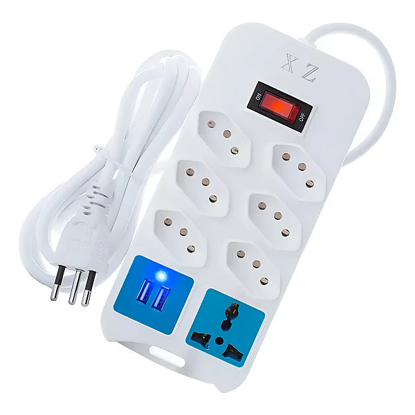 Filtro De Linha 7 Tomadas Régua Bivolt C/ 2 Usb Cabo 1,8m Branco