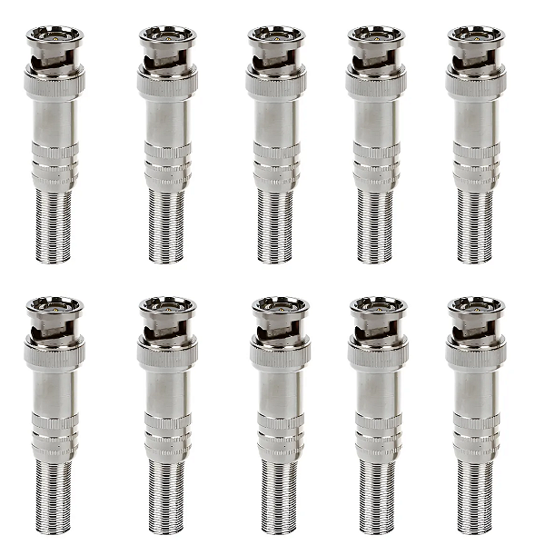 Kit 10 Conector Bnc Com Mola Parafuso Cftv Com Mola Parafuso Prateado