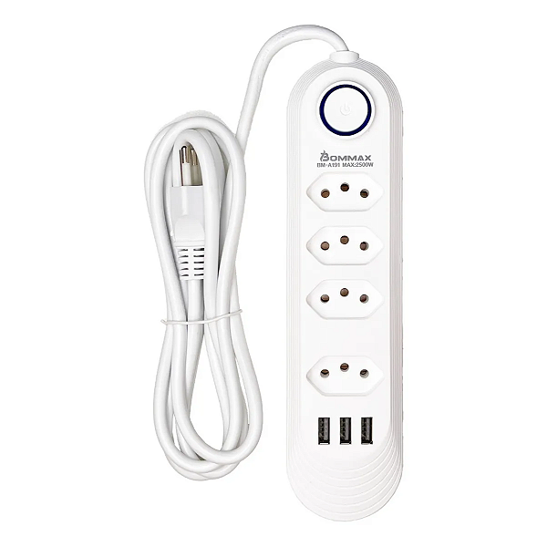 Régua Extensão Com 4 Tomadas 3 Usb Cabo 2m Bivolt - A191 Cor Branco