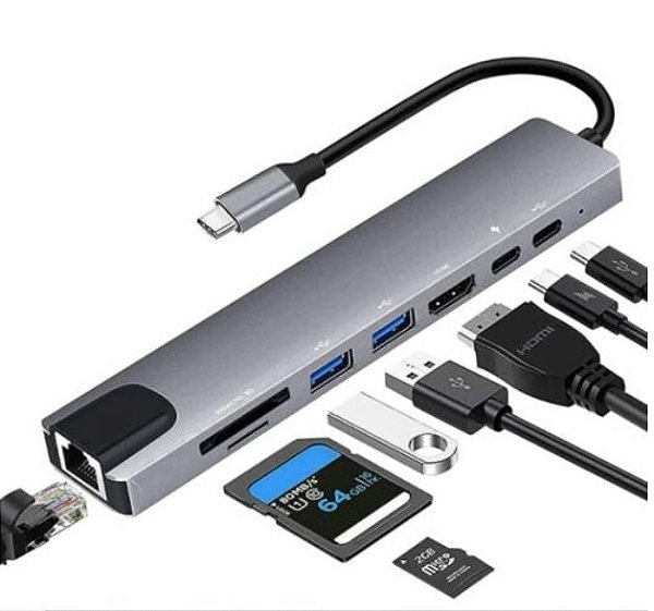 Type C to HDTV 8 in 1 Adapter HDMI PD 2 USB SD TF Rj45 Compatible with Linux, Windows XP, Windows Vista, Chrome OS, Windows 10