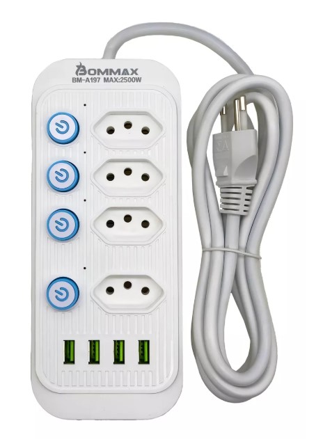 Filtro De Linha 4 Tomadas Padrão + 4 Usb - Bommax A197 Cor Branco
