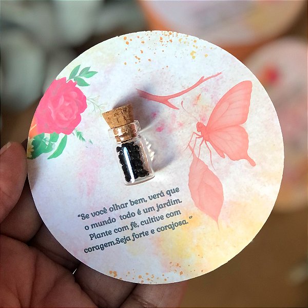 Card e Mini Vidro com Sementes | Arte Borboleta e Rosas