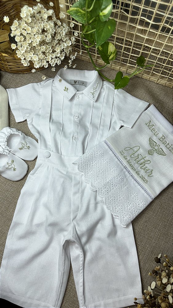 Conjunto Emanuel bebê social Calça batizado infantil linho
