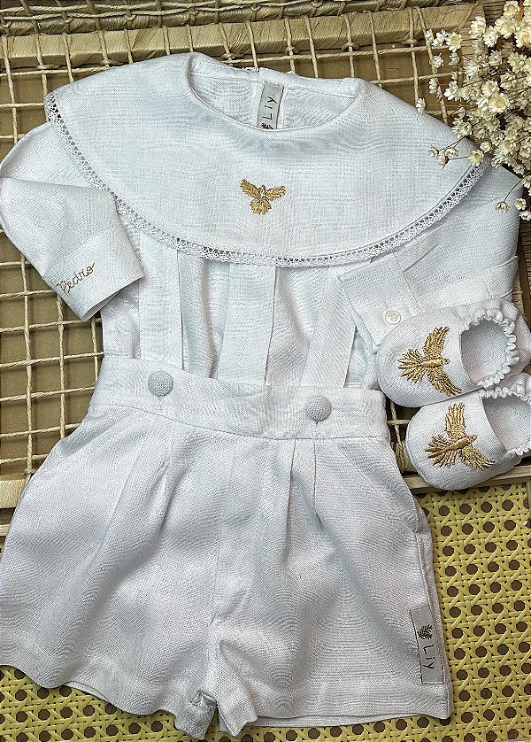CONJUNTO DIVINO LINHO BRANCO BODY MANGA LONGA E SHORT COM SUSPENSÓRIO