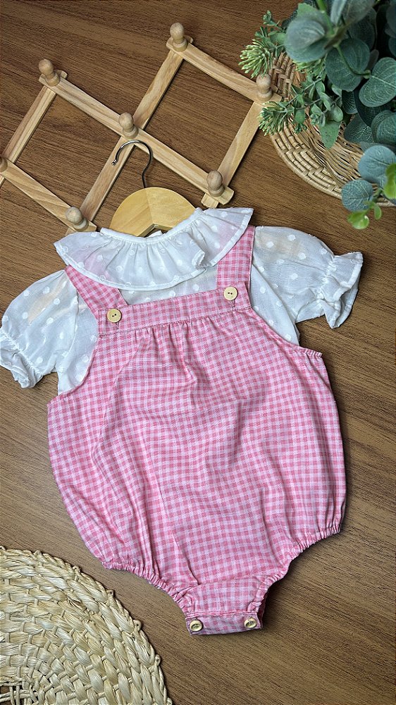 Conjunto Dominique Infantil Feminino – Blusa com Jardineira Xadrez Rosa