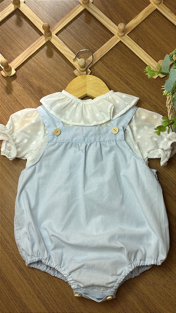 Conjunto Dominique Infantil Feminino – Blusa com Jardineira azul bebê