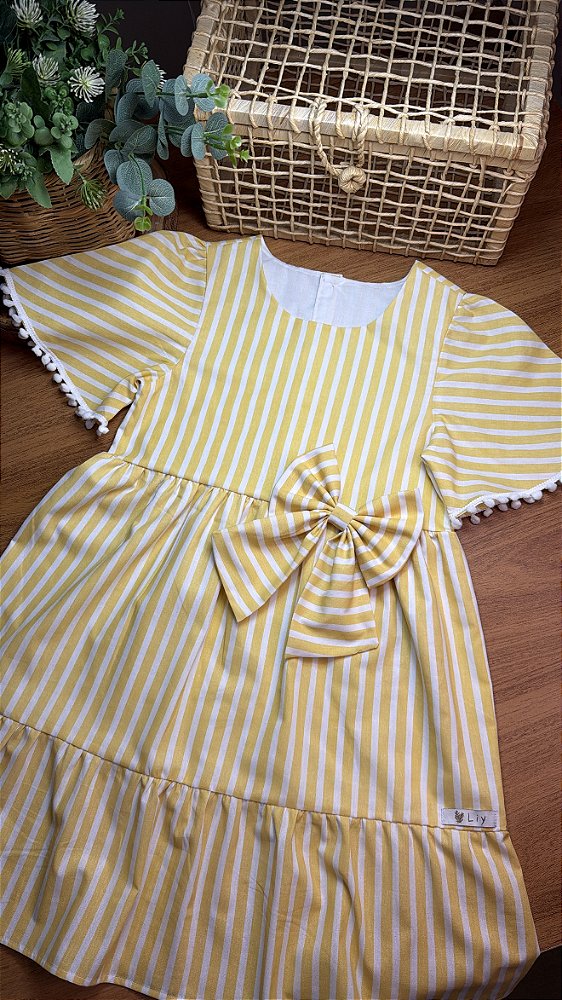Vestido Infantil Algodão listrado amarelo manteiga e branco
