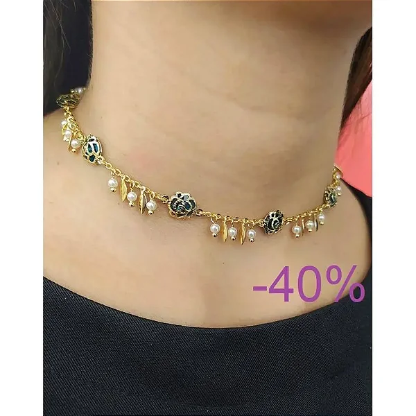 Choker malha e flor pedra verde