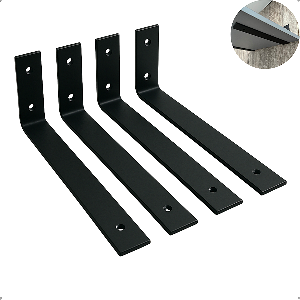 4 Suporte De Parede Mão Francesa Invertida Aço Em L Preta 30x10x3,8cm