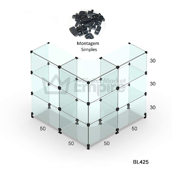 Balcão de vidro modulado em L 1x1 de metro comprimento por 1 de altura