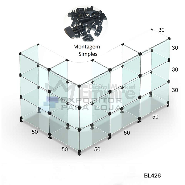 Balcão de vidro modulado em L 1,5x1 metros de comprimento por 1 de altura