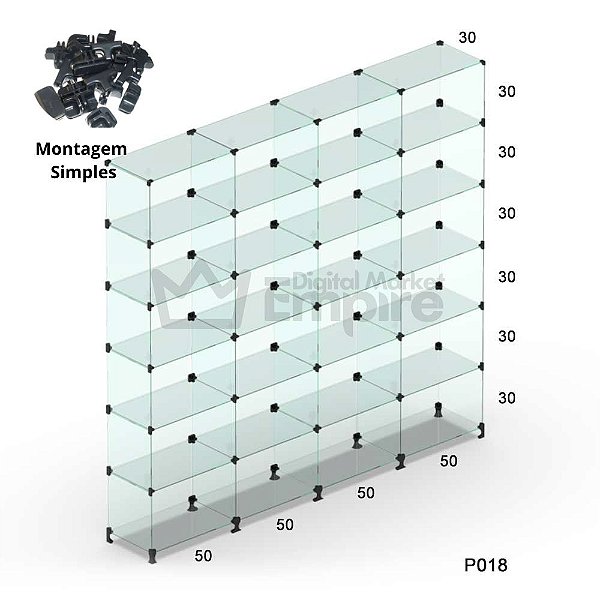 Prateleira vitrine de vidro modulado 2,0 metros de comprimento por 1,90 de altura - 24 nichos de 50x30x30cm