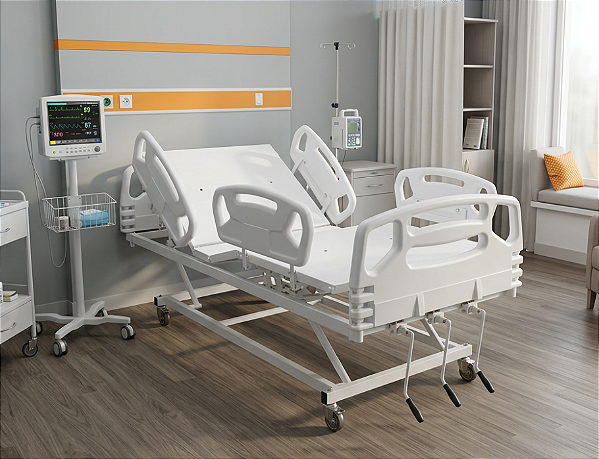 Cama Hospitalar Manual 3 Manivelas com Elevação de Altura e Grades Injetadas