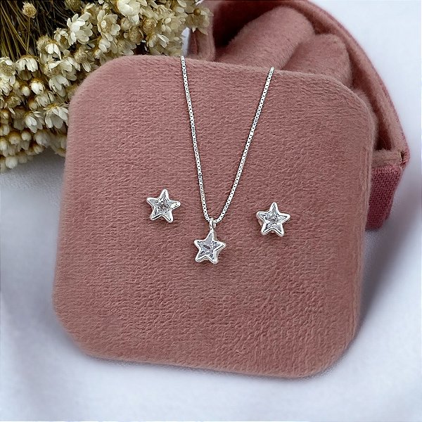 CONJUNTO PRATA VENEZIANA ESTRELA CRISTAL