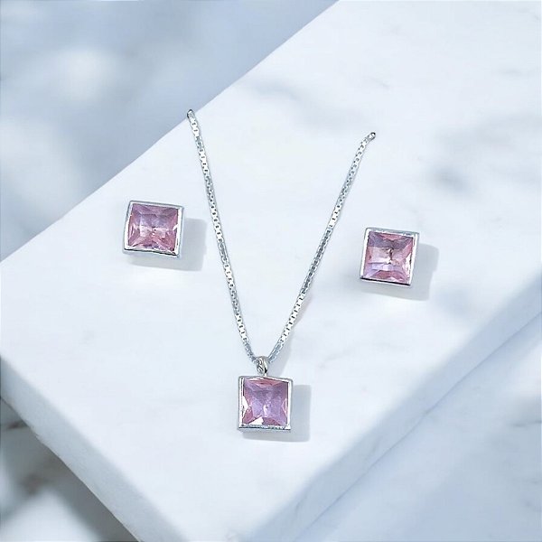 CONJUNTO PRATA QUADRADO ZIRCÔNIA ROSA