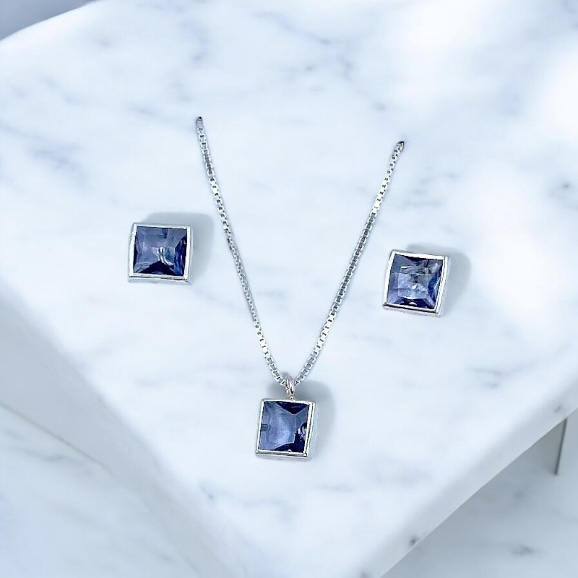 CONJUNTO PRATA VENEZIANA QUADRADO ZIRCÔNIA LILÁS