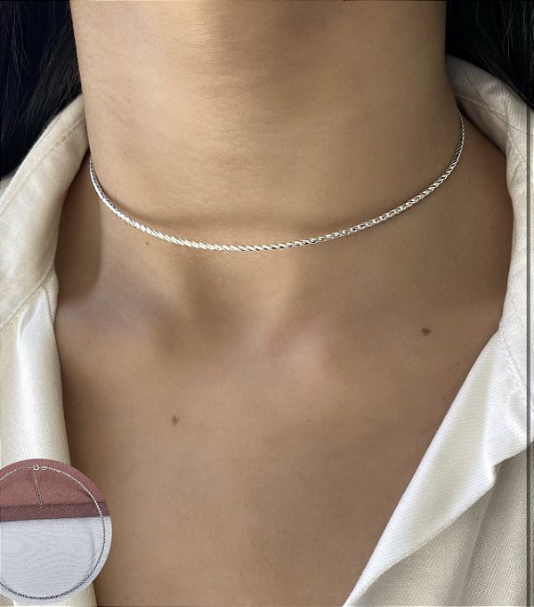 GARGANTILHA PRATA CHOCKER FIO REDONDO TORCIDO