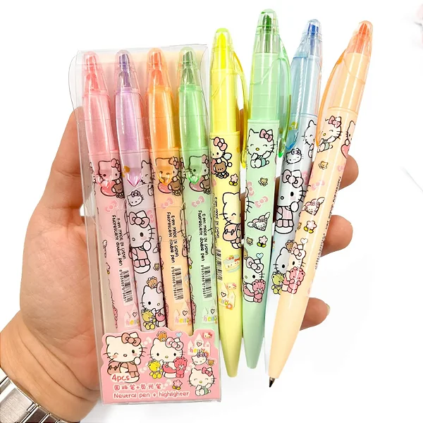 Caneta + Marca Texto 2 em 1 Hello Kitty • Estojo 4 Unidades
