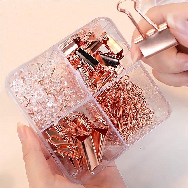Kit Office Binder Clips & Pins Rosè Gold • 46 Itens