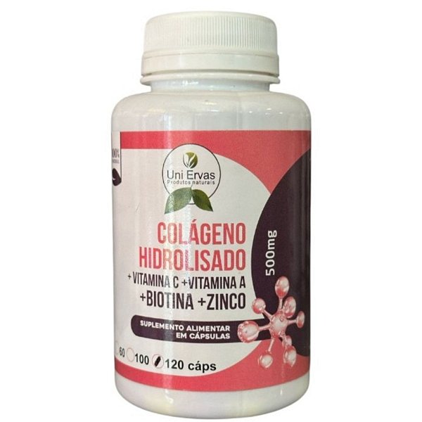 COLÁGENO HIDROLIZADO + VITAMINA C + VITAMINA A + BIOTINA + ZINC UNI ERVAS 100 CAPSULAS