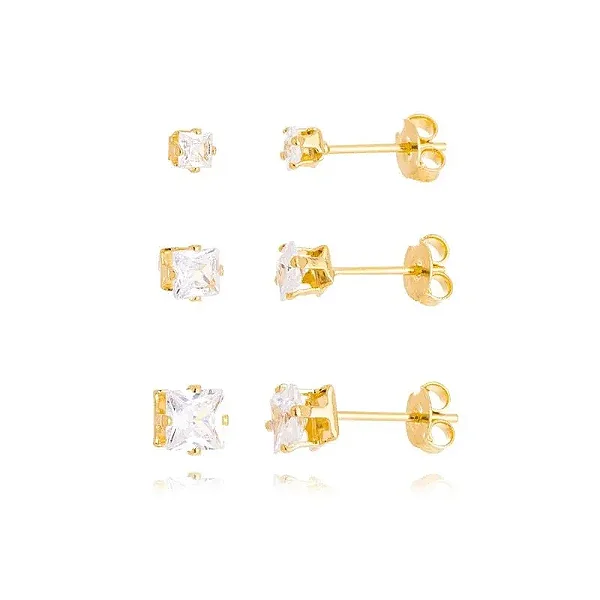 Trio de Brincos Zircônia Quadrada – Banhado a Ouro 18k