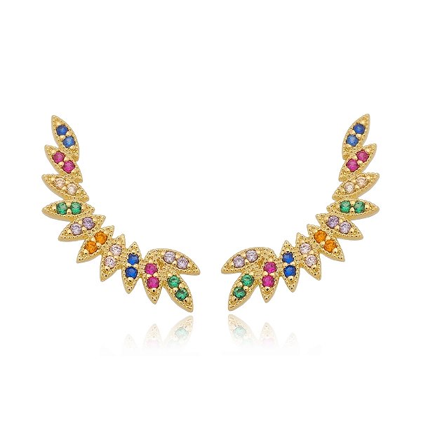 Ear Cuff Folhas com Zircônias Coloridas – Banhado a Ouro 18k