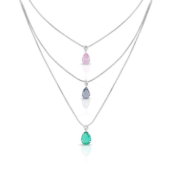 Colar Triplo Pedras Coloridas - Banhado a Ródio Branco