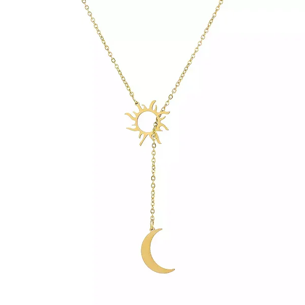 Colar Gravatinha Sol e Lua Banhado a Ouro 18k