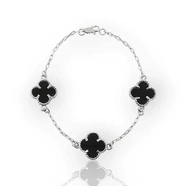 Pulseira Trevo Preto – Banhada a Ródio Branco