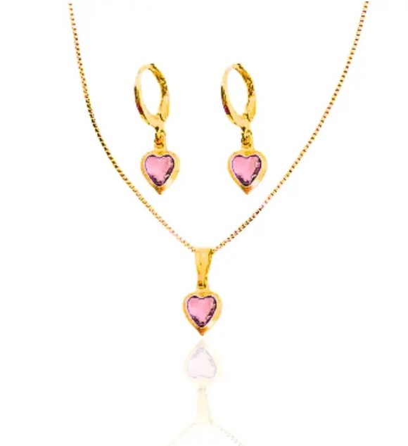 Conjunto Colar e Brinco Mini Argola Coração Rosa