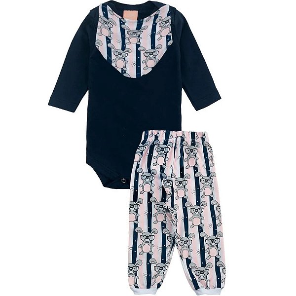 Conjunto Body Bebê Menina Little Bunny Marinho