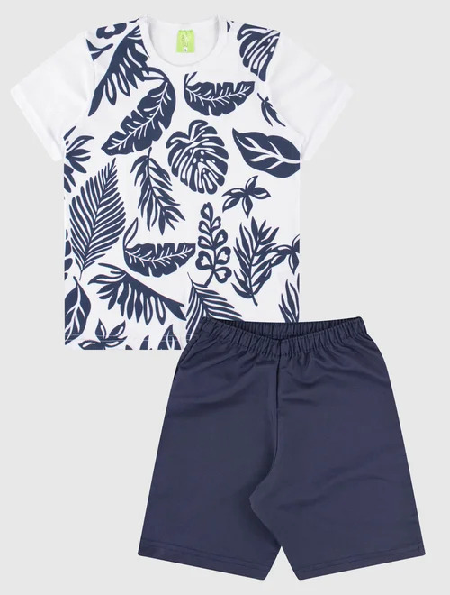 Conjunto Camiseta/Bermuda Masculino Folhas Azul.