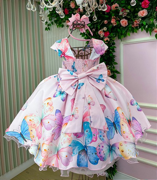 Vestido Jardim das Borboletas Rosa