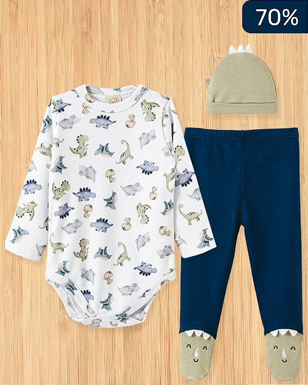 Conjunto de Bebê Dinossauro - Body, Calça e Gorro em Algodão Macio